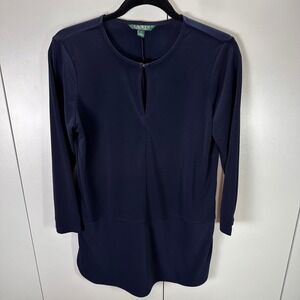 Lauren‎ Ralph Lauren Women's Navy Blue Long Sleeve Keyhole Tunic Top Small